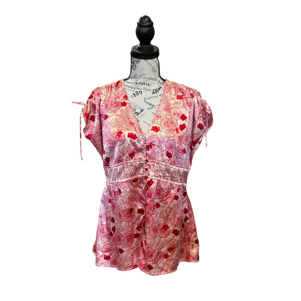 Jonathan Martin Pink Floral Fan Print Satinā Empire Waist V-Neck Blouse Medium